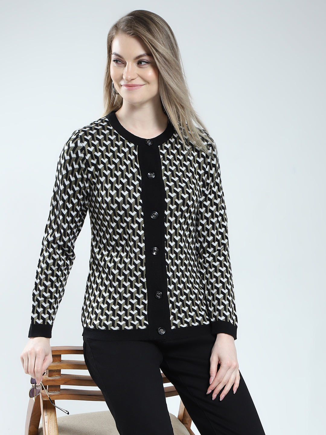 Women Black Self Design Round Neck Full Sleeve Cardigan