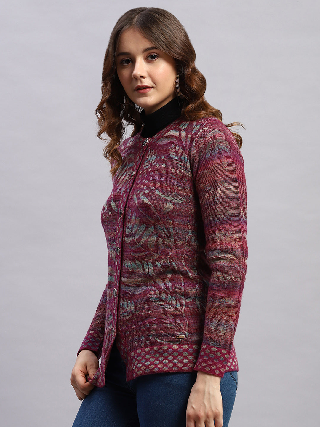 Women Magenta Self Design Round Neck Sleeveless Cardigan