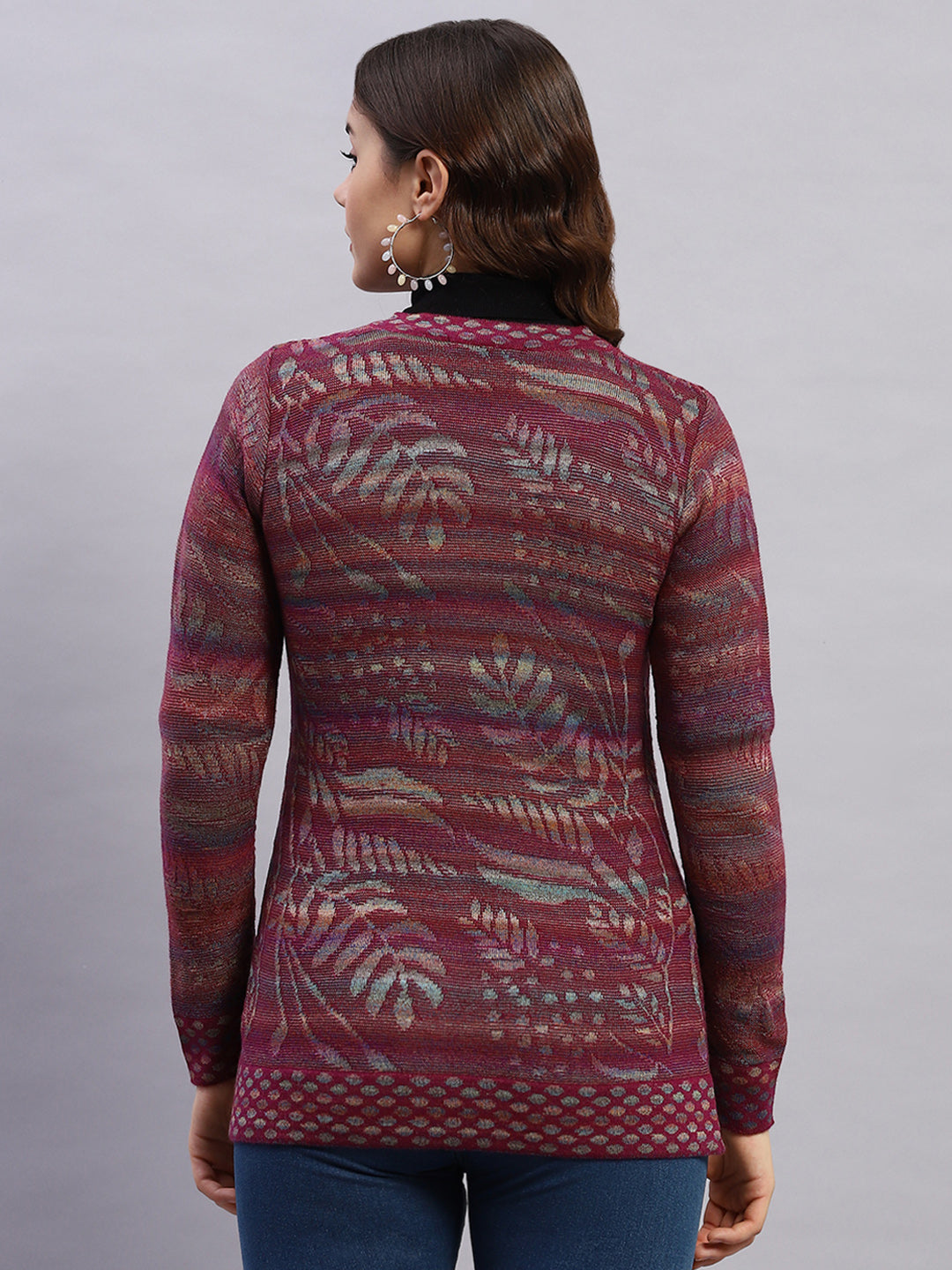 Women Magenta Self Design Round Neck Sleeveless Cardigan