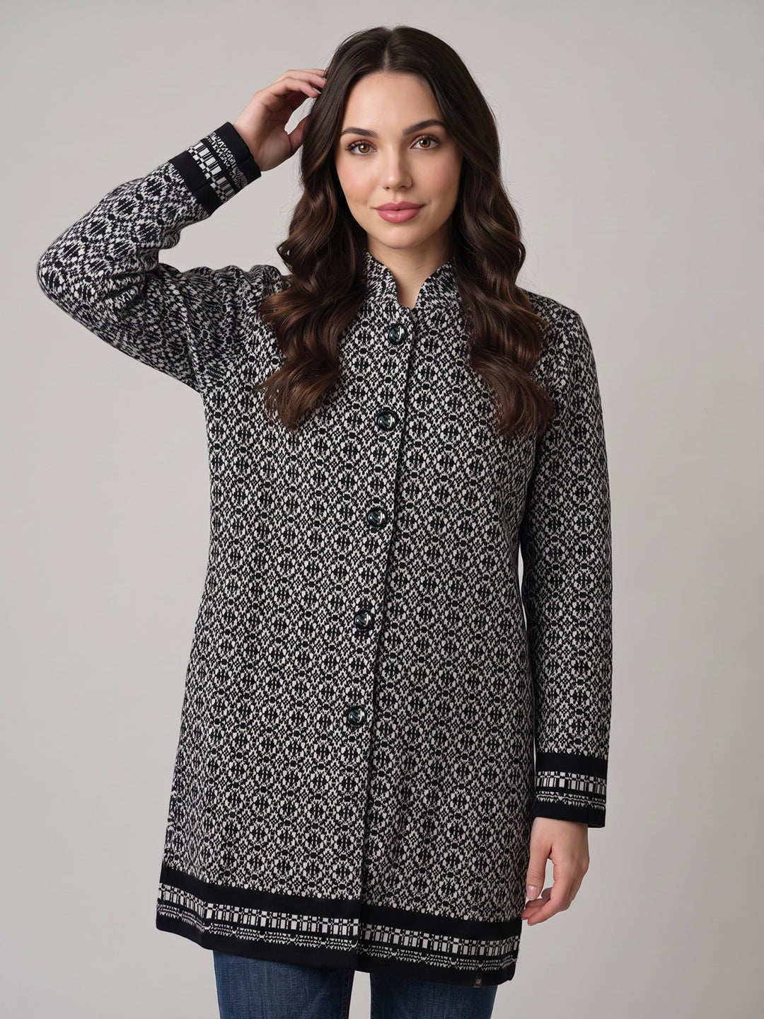Women Black Jacquard Mandarin Collar Full Sleeve Coat