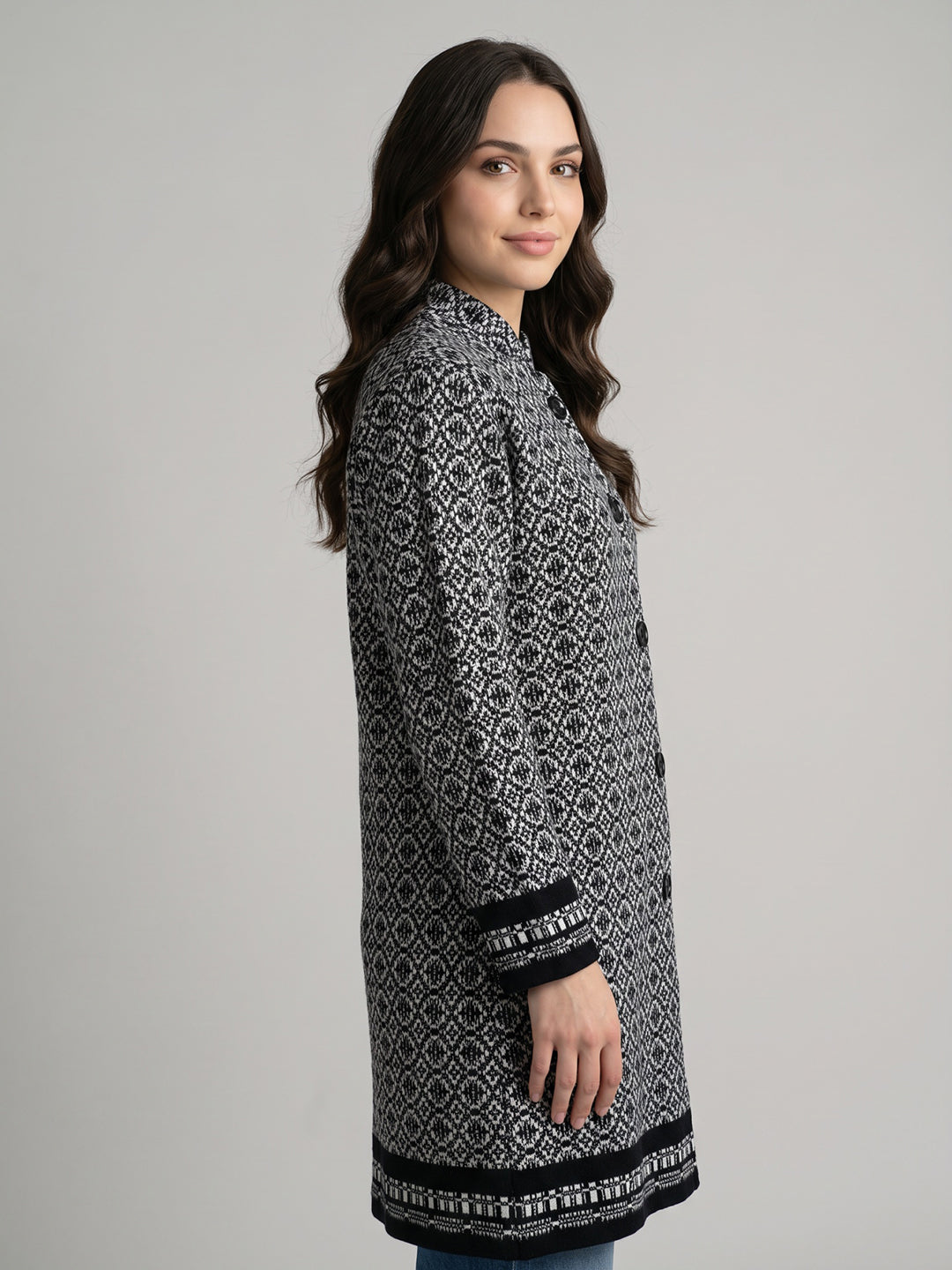 Women Black Jacquard Mandarin Collar Full Sleeve Coat