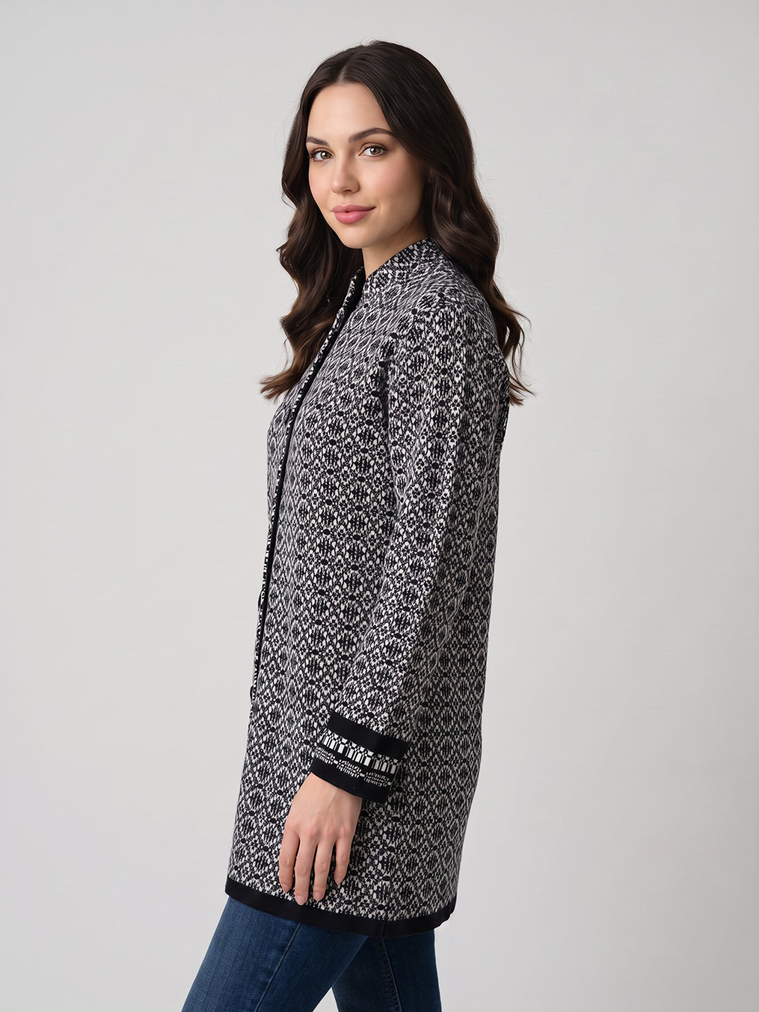 Women Black Jacquard Mandarin Collar Full Sleeve Coat
