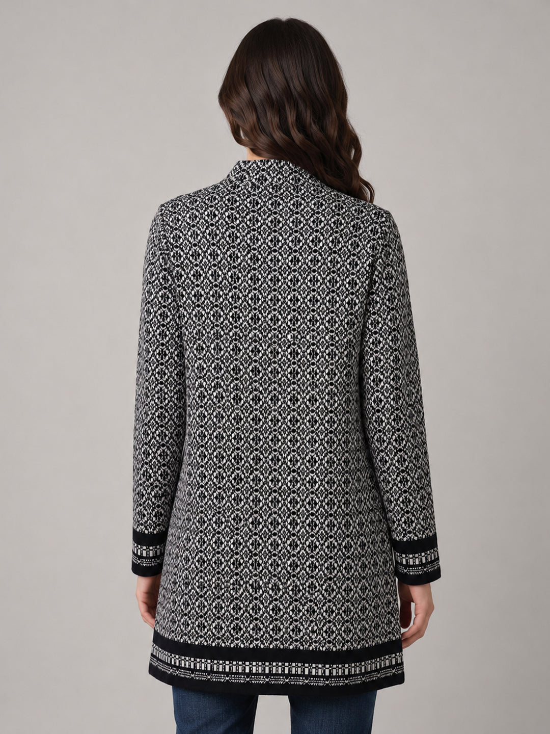 Women Black Jacquard Mandarin Collar Full Sleeve Coat