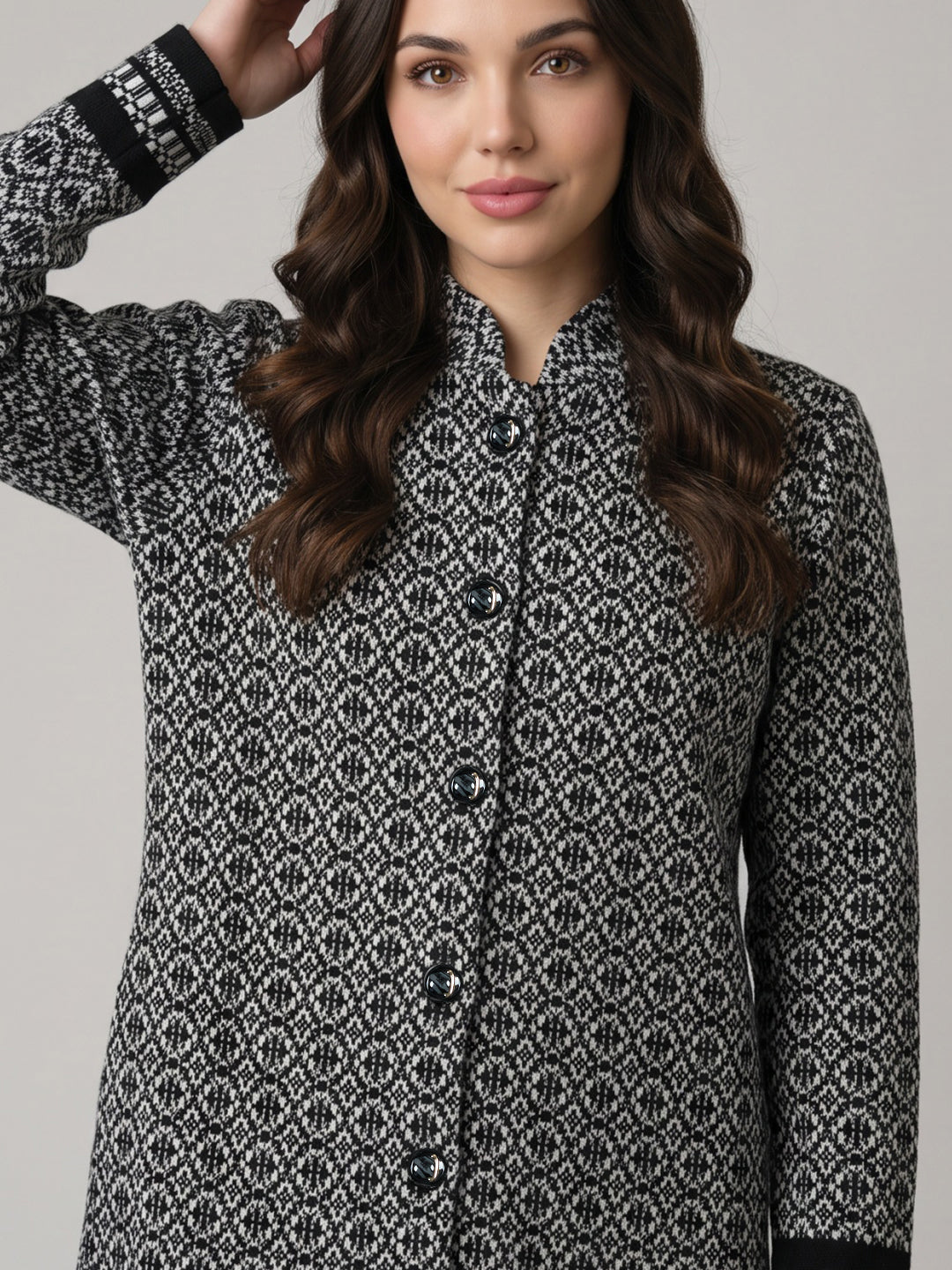Women Black Jacquard Mandarin Collar Full Sleeve Coat