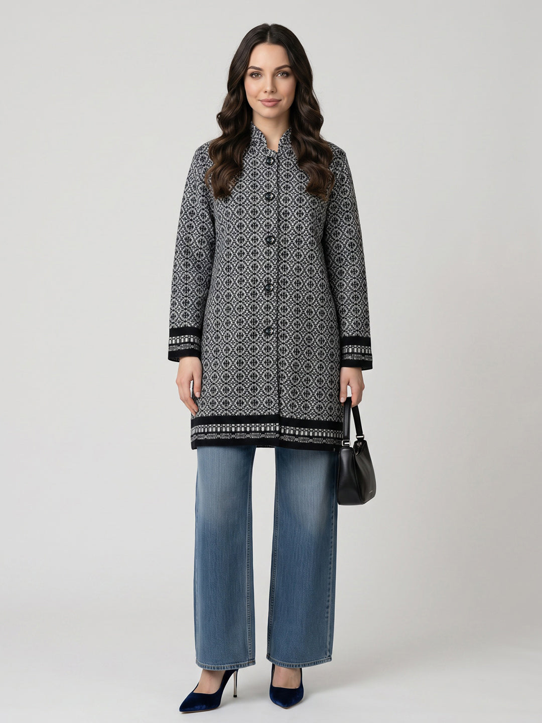 Women Black Jacquard Mandarin Collar Full Sleeve Coat