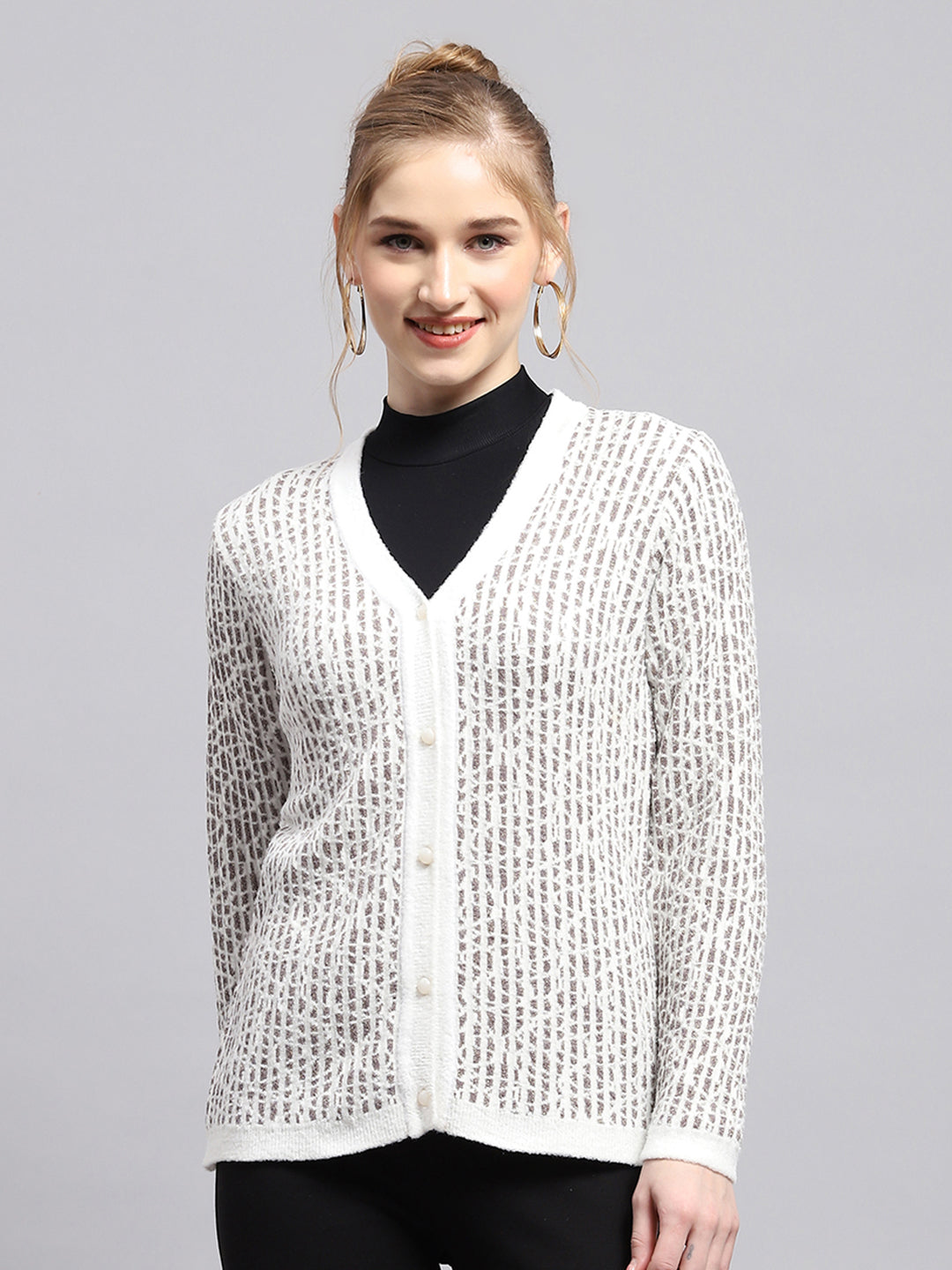 Women White Self Design V Neck Sleeveless Cardigan