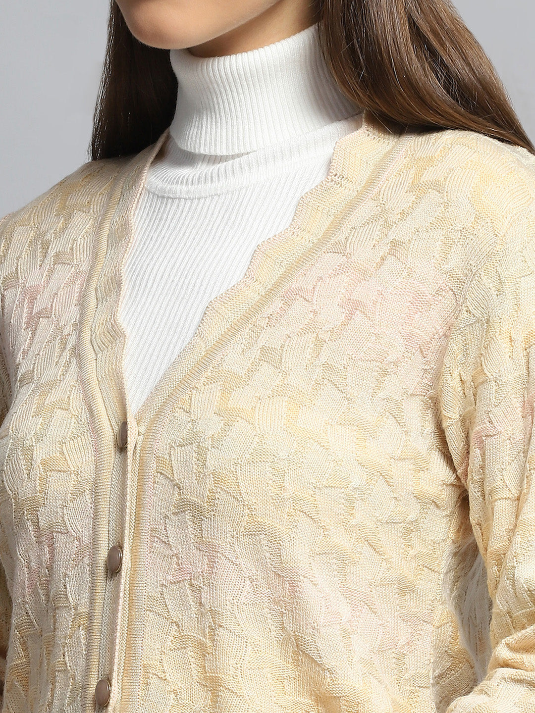 Women Beige Self Design V Neck Full Sleeve Cardigan