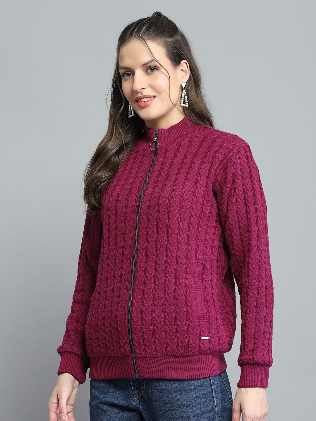 Women Maroon Self Design Mock Neck Full Sleeve Jacket