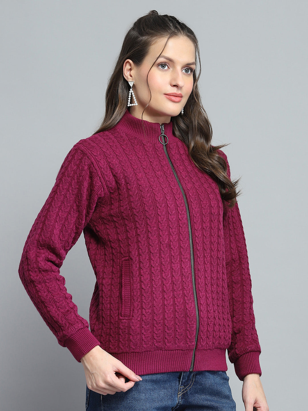 Women Maroon Self Design Mock Neck Full Sleeve Jacket