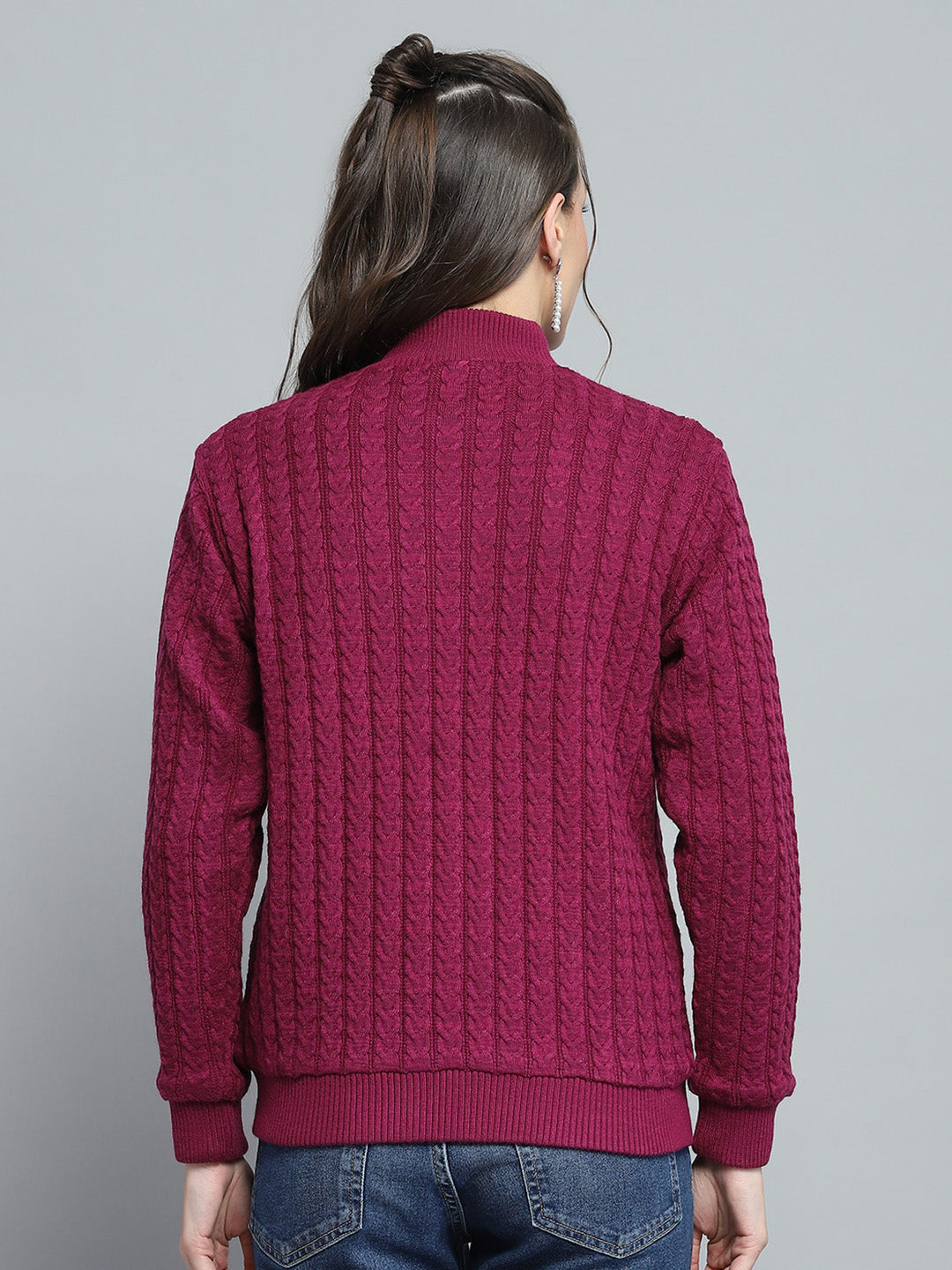 Women Maroon Self Design Mock Neck Full Sleeve Jacket