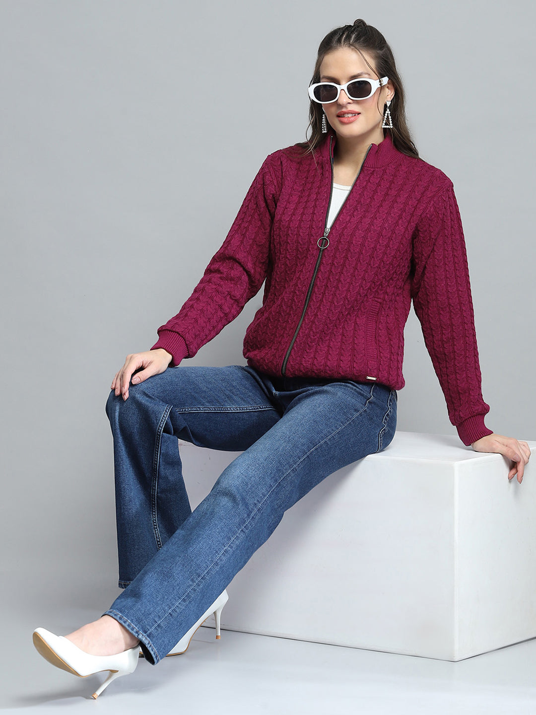 Women Maroon Self Design Mock Neck Full Sleeve Jacket