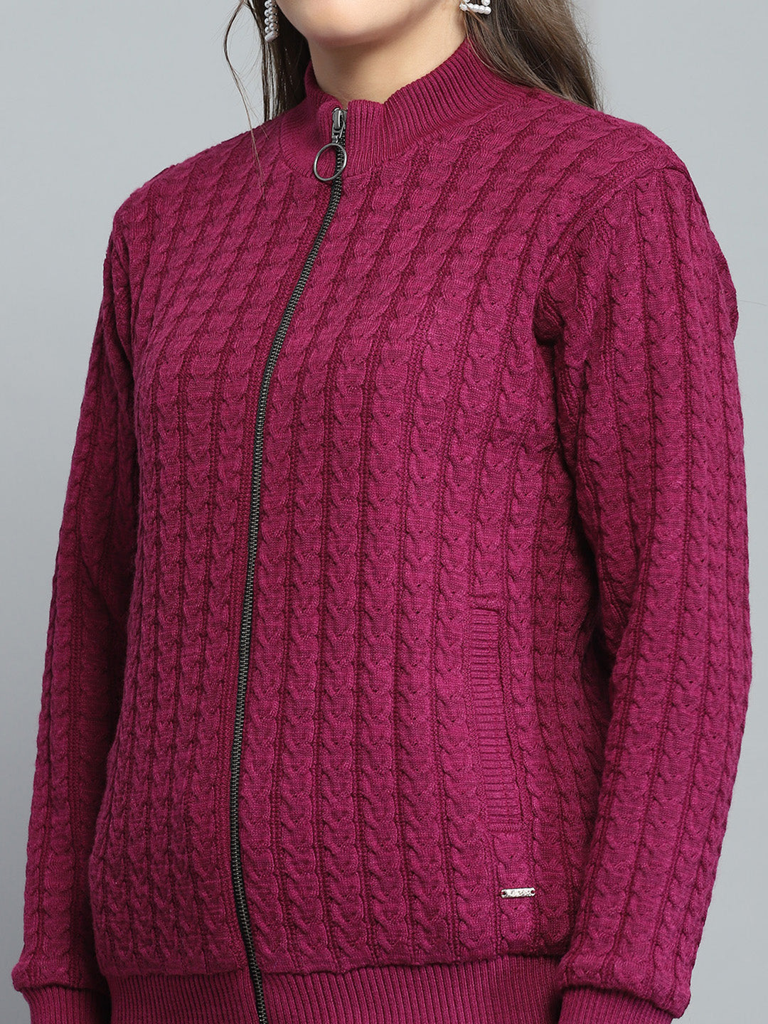 Women Maroon Self Design Mock Neck Full Sleeve Jacket