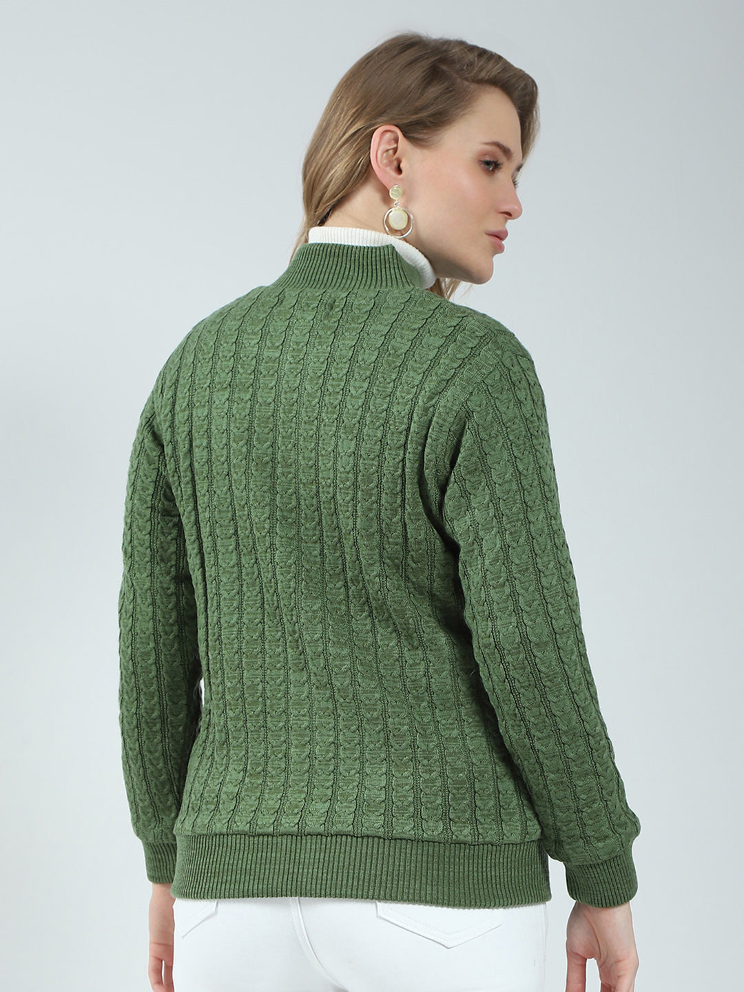 Women Green Self Design Mock Neck Full Sleeve Jacket