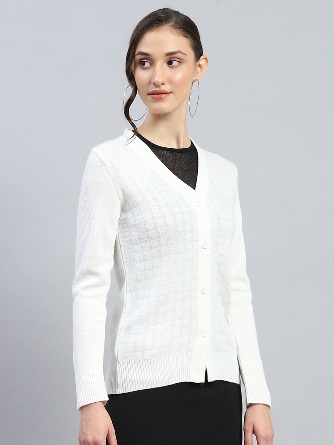 Women Off White Self Design V Neck Full Sleeve Cardigan