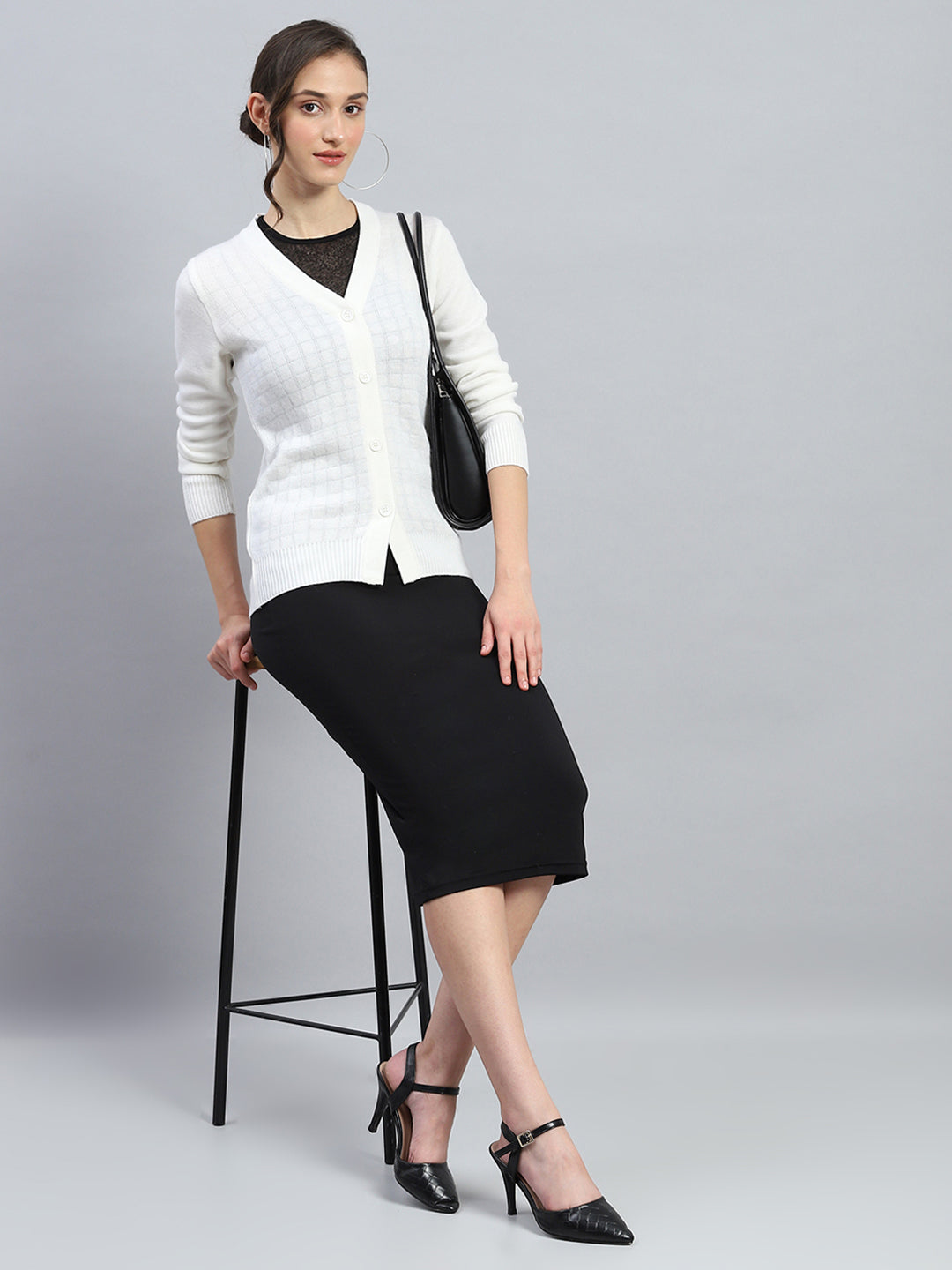 Women Off White Self Design V Neck Full Sleeve Cardigan