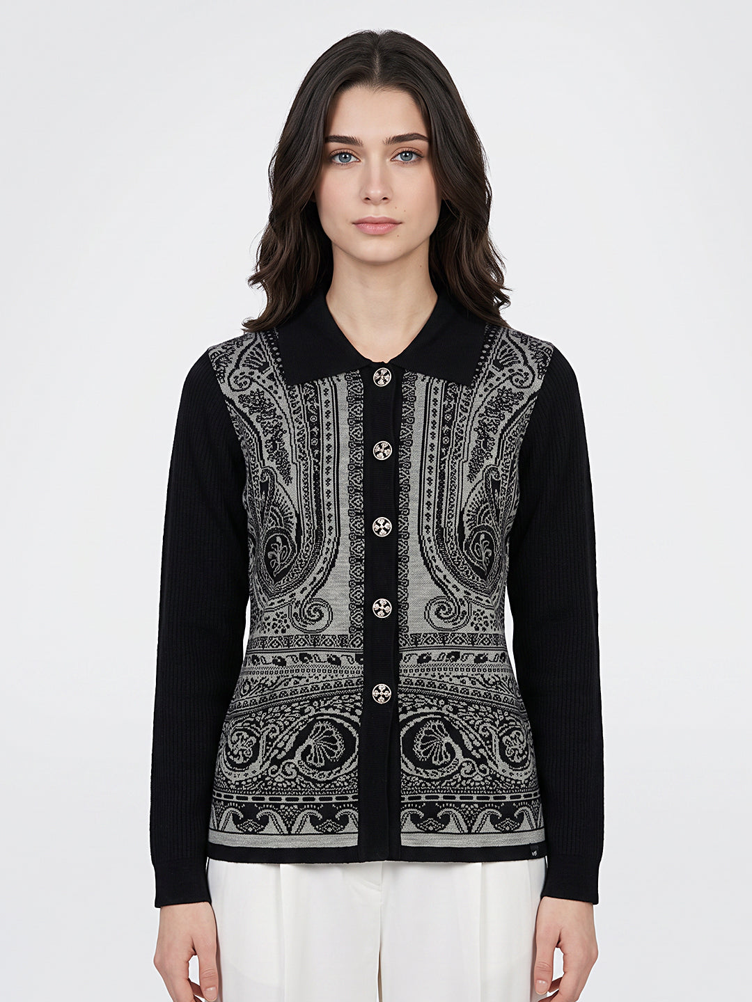 Women Black Jacquard Collar Full Sleeve Cardigan