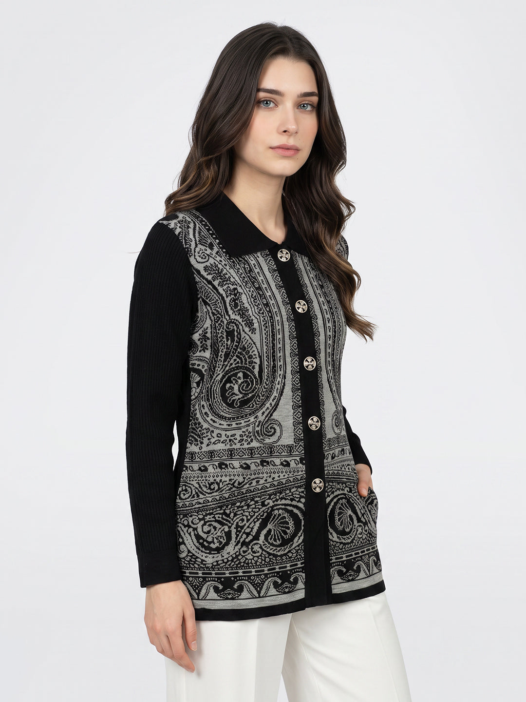 Women Black Jacquard Collar Full Sleeve Cardigan