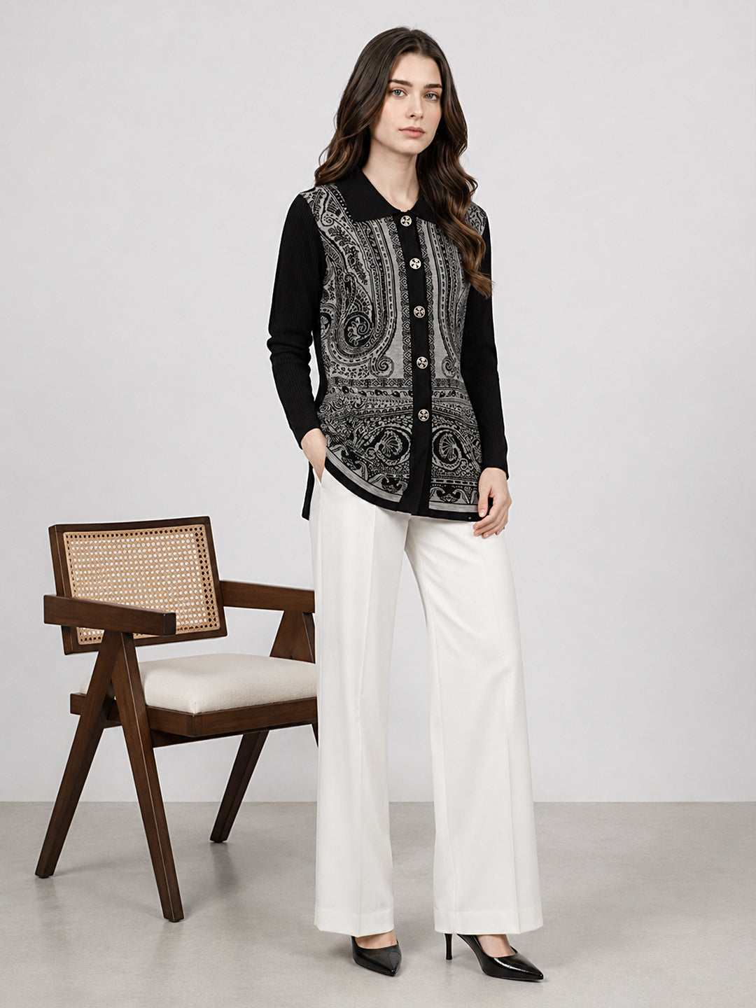 Women Black Jacquard Collar Full Sleeve Cardigan