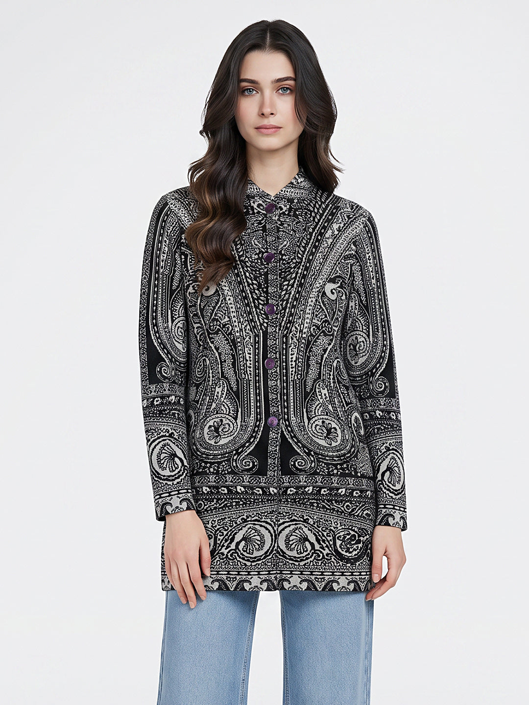 Women Black Jacquard Mandarin Collar Full Sleeve Coat