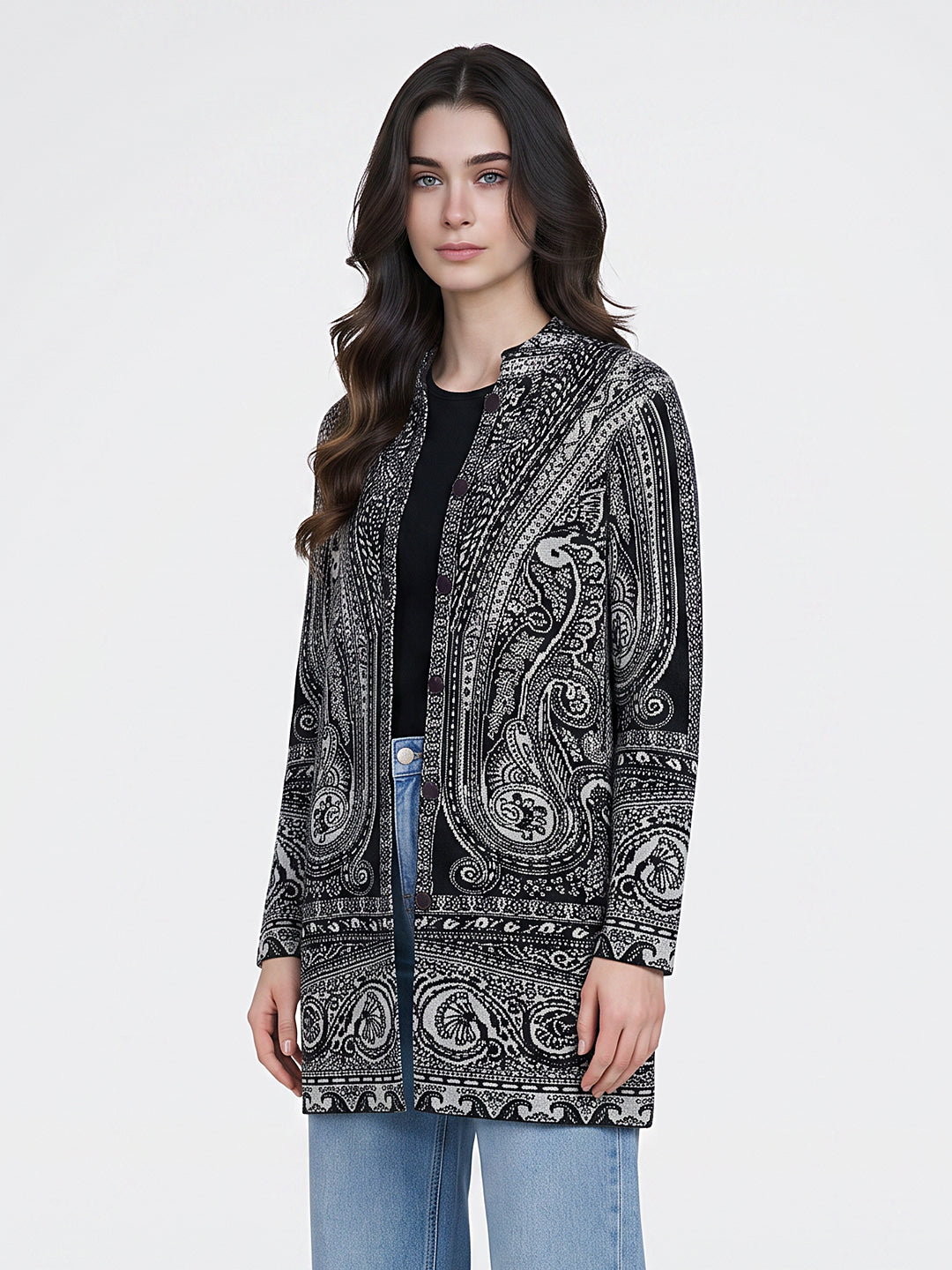 Women Black Jacquard Mandarin Collar Full Sleeve Coat