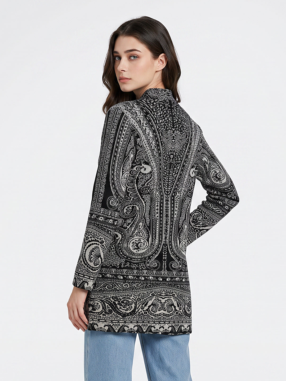 Women Black Jacquard Mandarin Collar Full Sleeve Coat