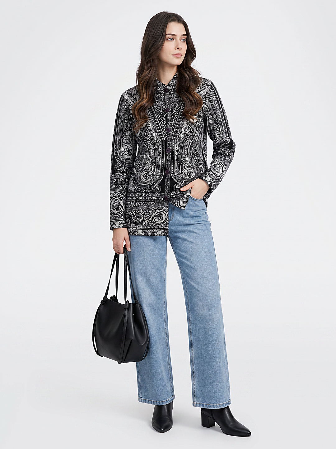 Women Black Jacquard Mandarin Collar Full Sleeve Coat