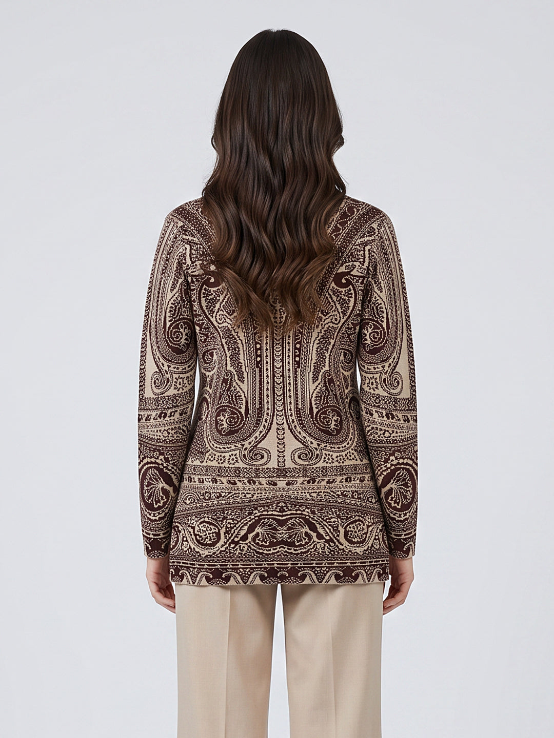 Women Maroon Jacquard Mandarin Collar Full Sleeve Coat