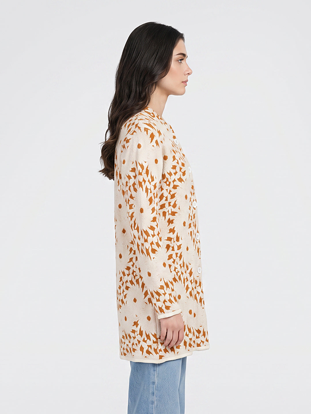 Women White Self Design Mandarin Collar Full Sleeve Coat