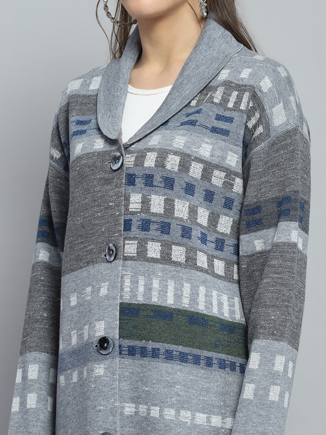 Women Grey Self Design Collar Full Sleeve Cardigan