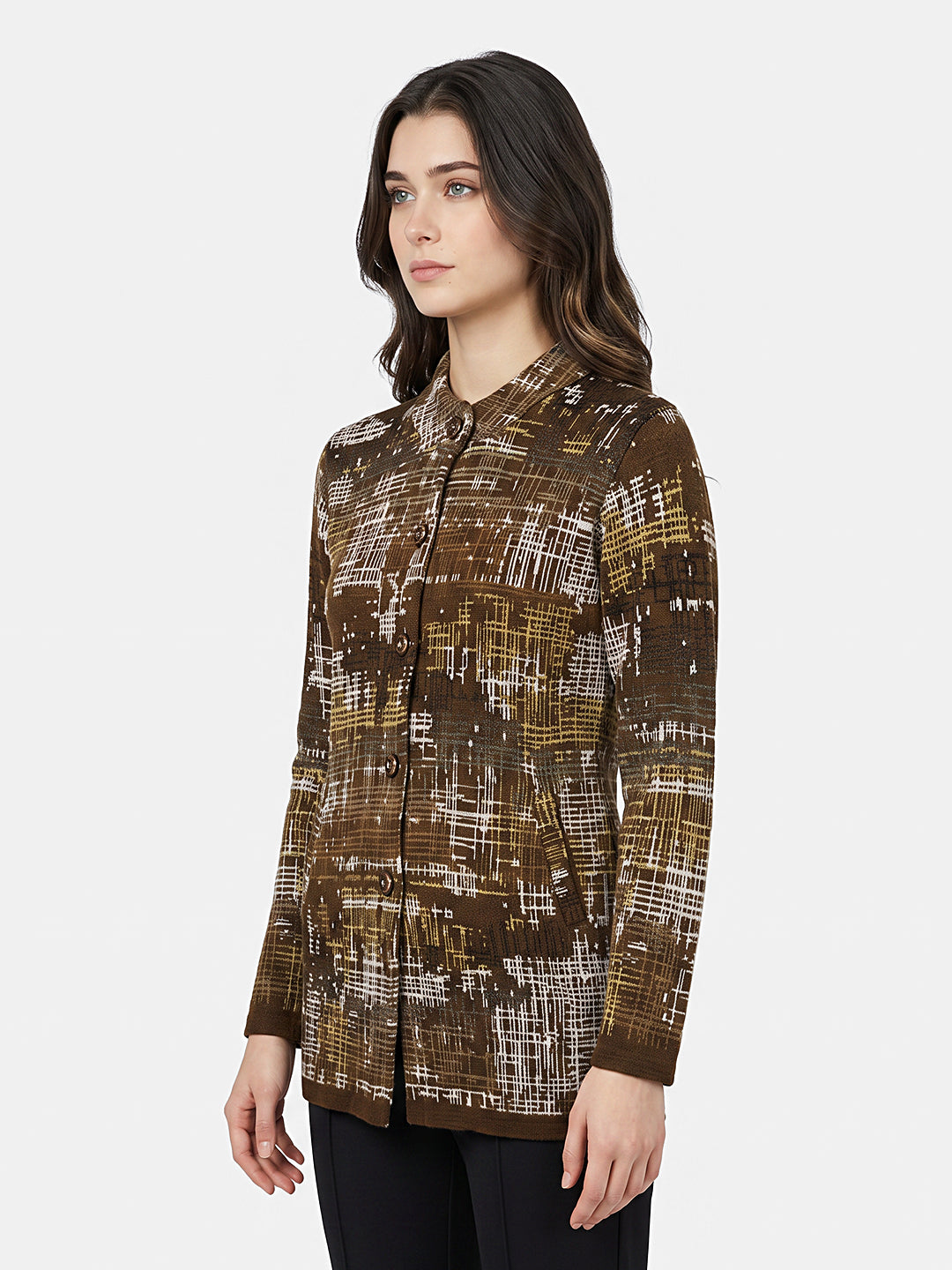 Women Brown Jacquard Round Neck Full Sleeve Coat