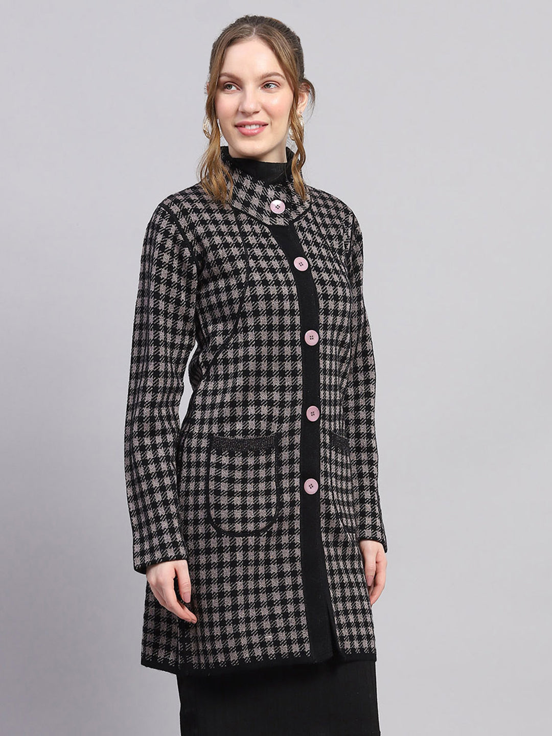 Women Black Solid Mock Neck Full Sleeve Knitted Coat