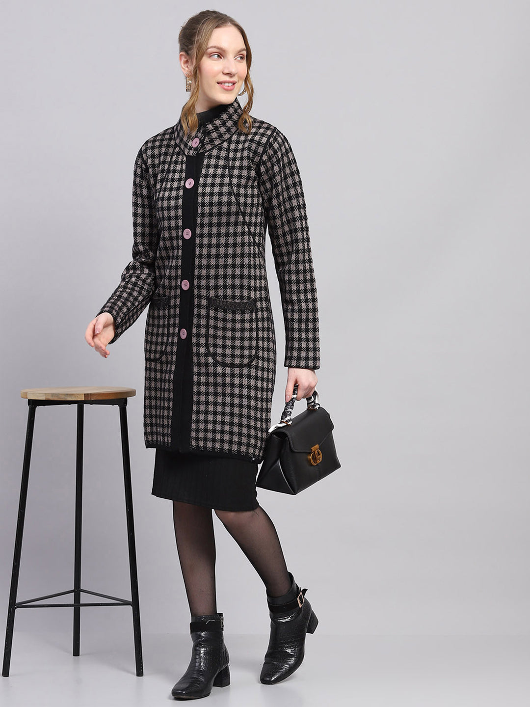 Women Black Solid Mock Neck Full Sleeve Knitted Coat