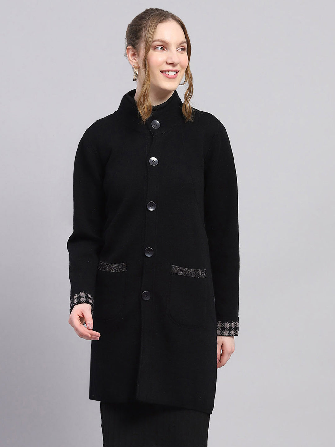Women Black Solid Mock Neck Full Sleeve Knitted Coat