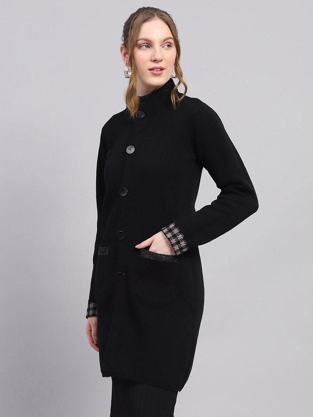 Women Black Solid Mock Neck Full Sleeve Knitted Coat