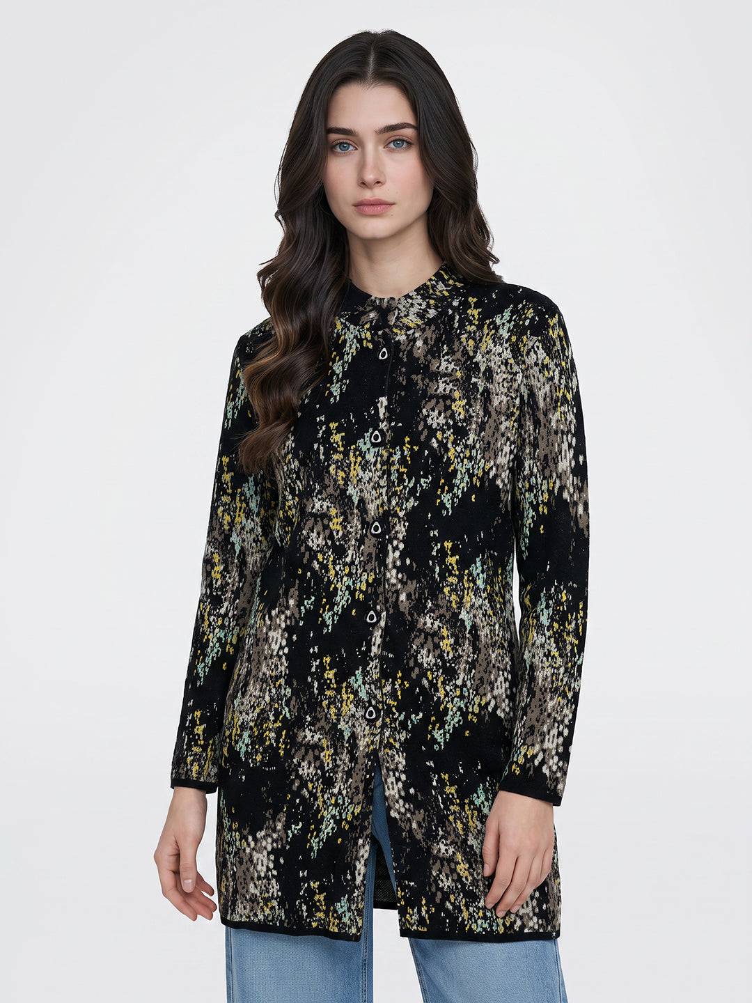 Women Black Jacquard Mandarin Collar Full Sleeve Coat
