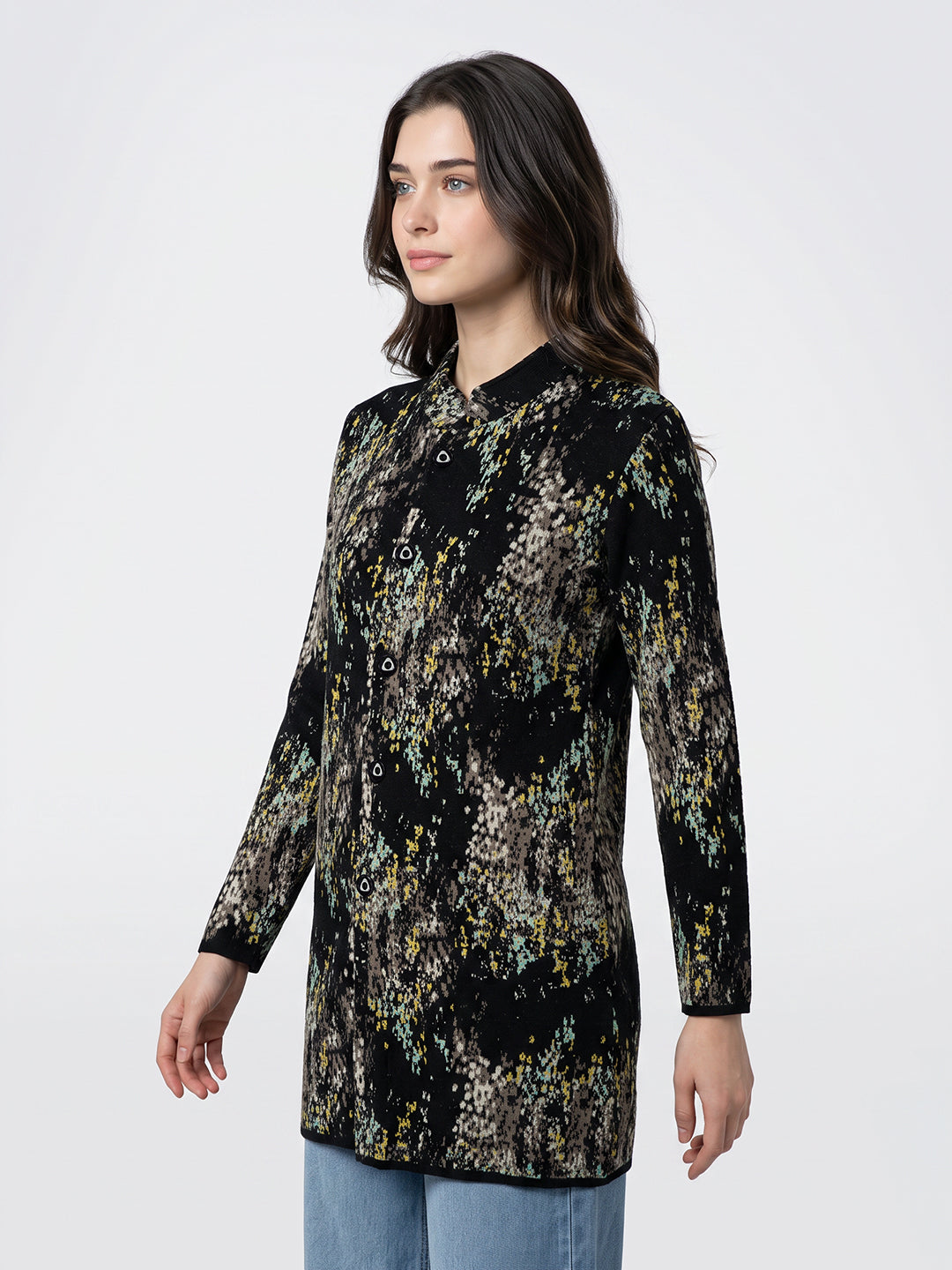 Women Black Jacquard Mandarin Collar Full Sleeve Coat