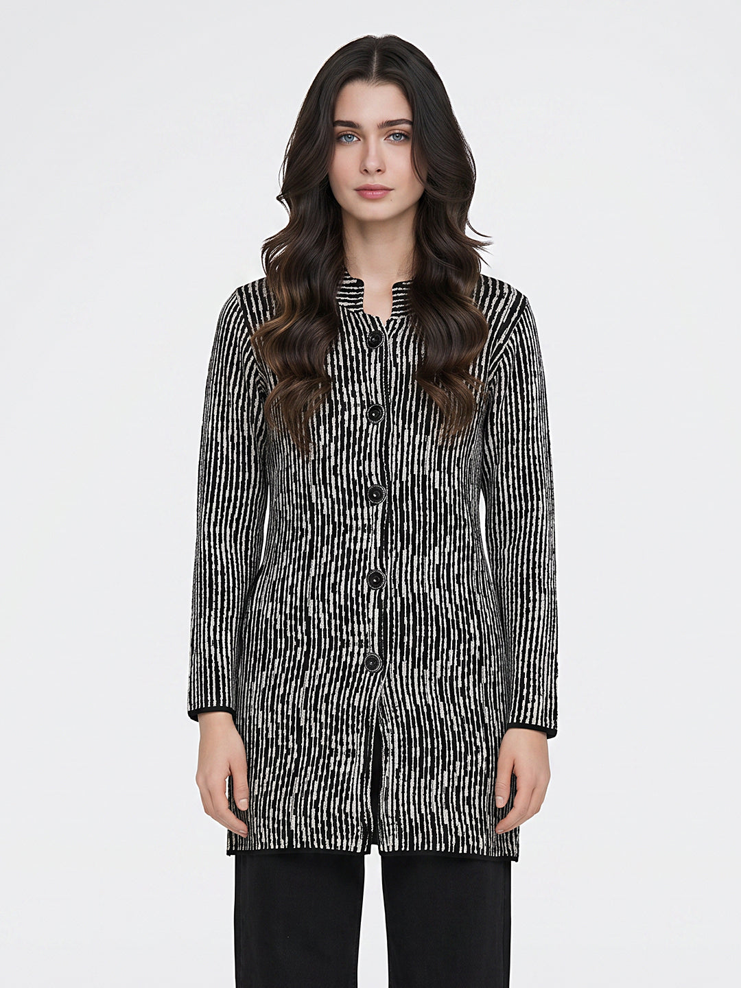 Women Black Jacquard Turtle Neck Full Sleeve Coat