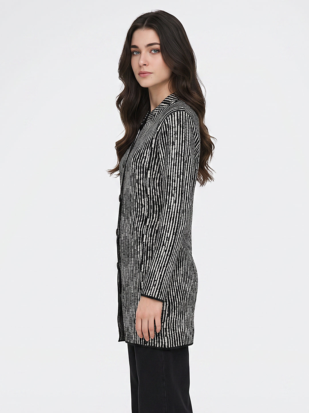 Women Black Jacquard Turtle Neck Full Sleeve Coat