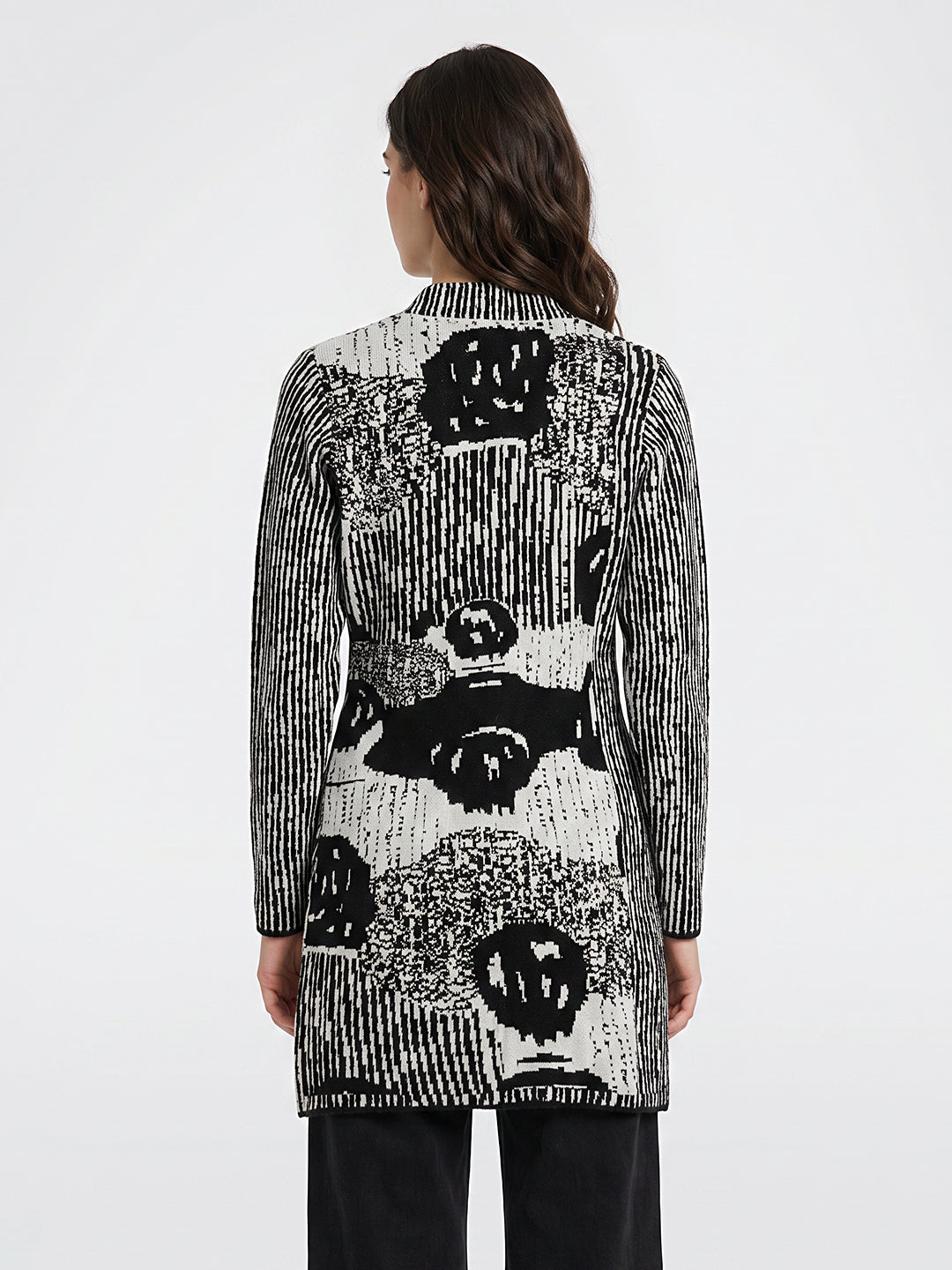 Women Black Jacquard Turtle Neck Full Sleeve Coat