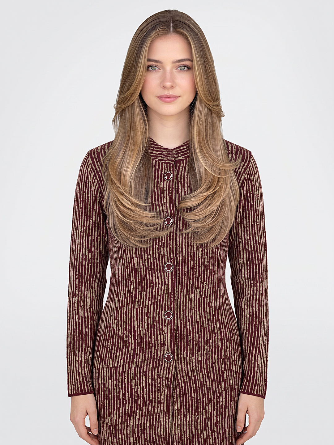 Women Maroon & White Jacquard Turtle Neck Full Sleeve Coat
