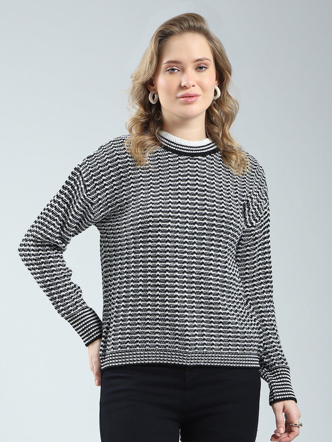 Women Black Self Design Round Neck Full Sleeve Winter Top