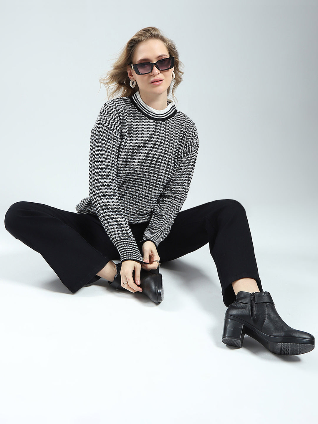 Women Black Self Design Round Neck Full Sleeve Winter Top