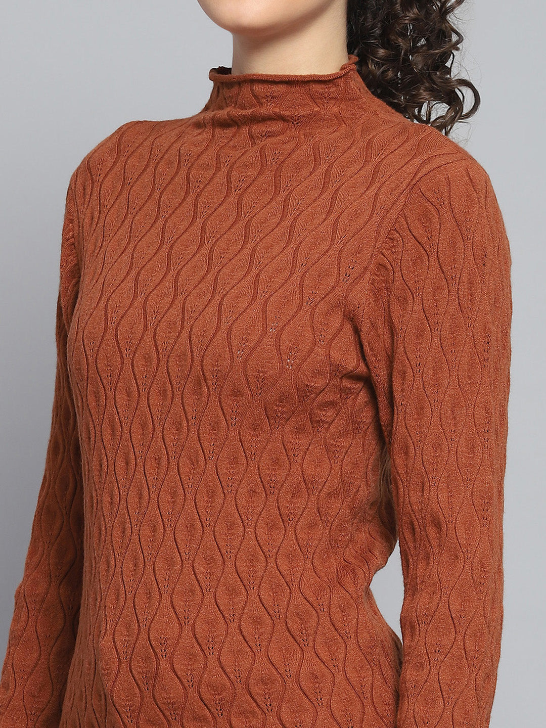 Women Rust Self Design High Neck Full Sleeve Sceavy