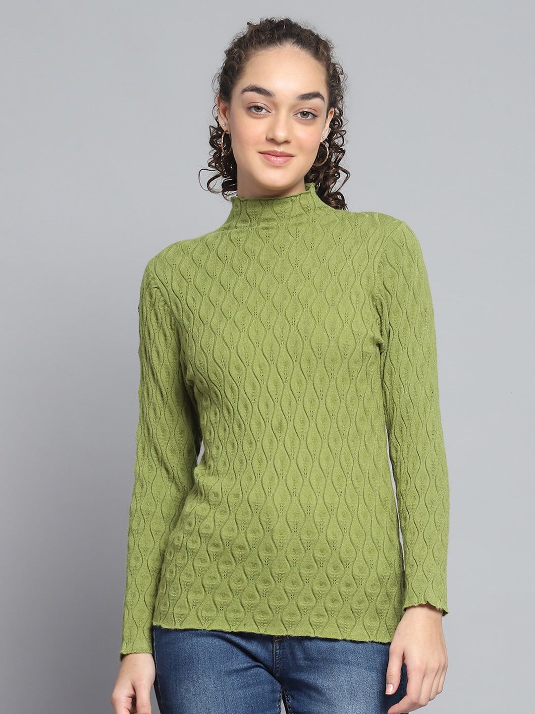 Women Green Self Design High Neck Full Sleeve Sceavy