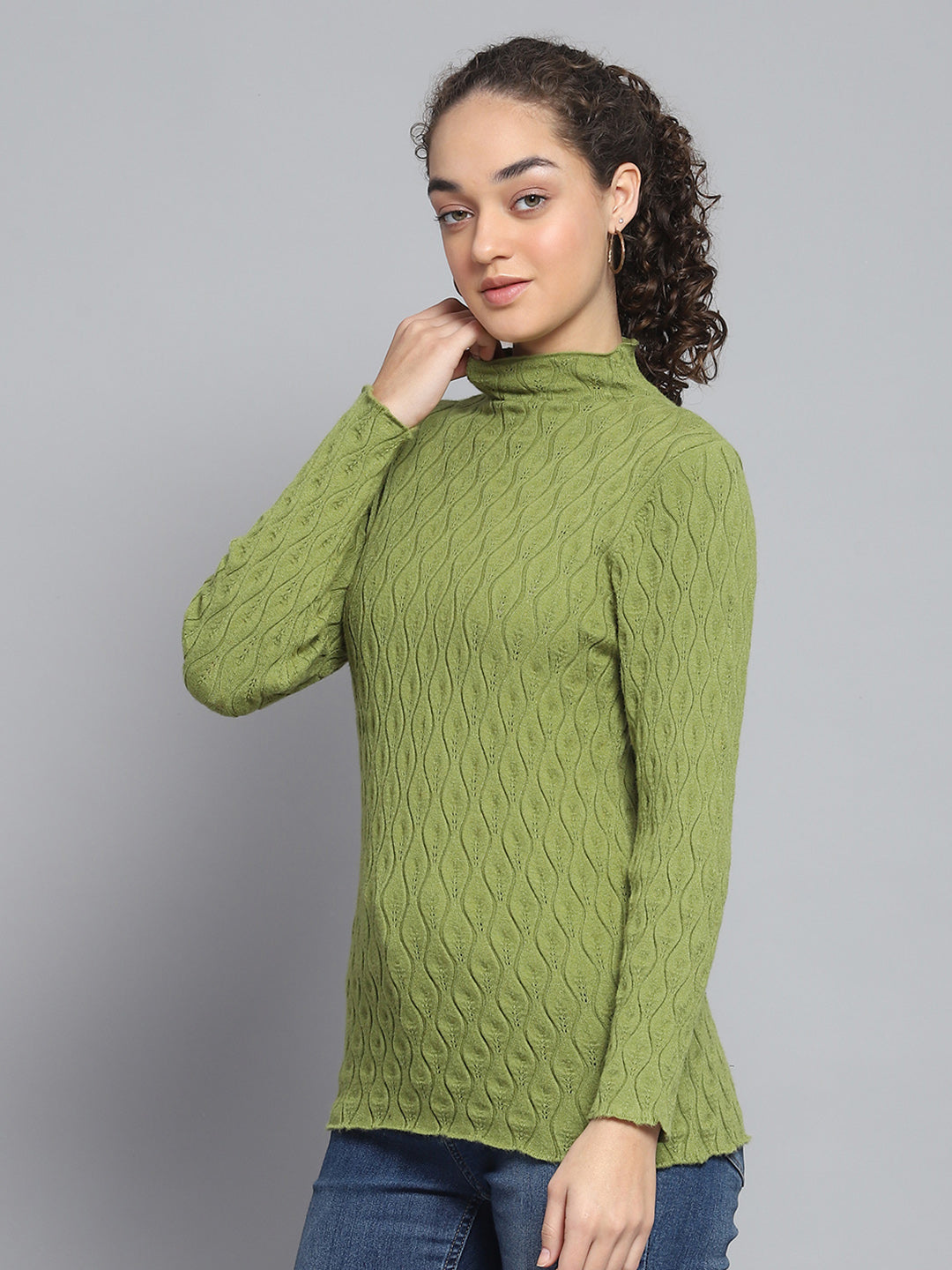 Women Green Self Design High Neck Full Sleeve Sceavy