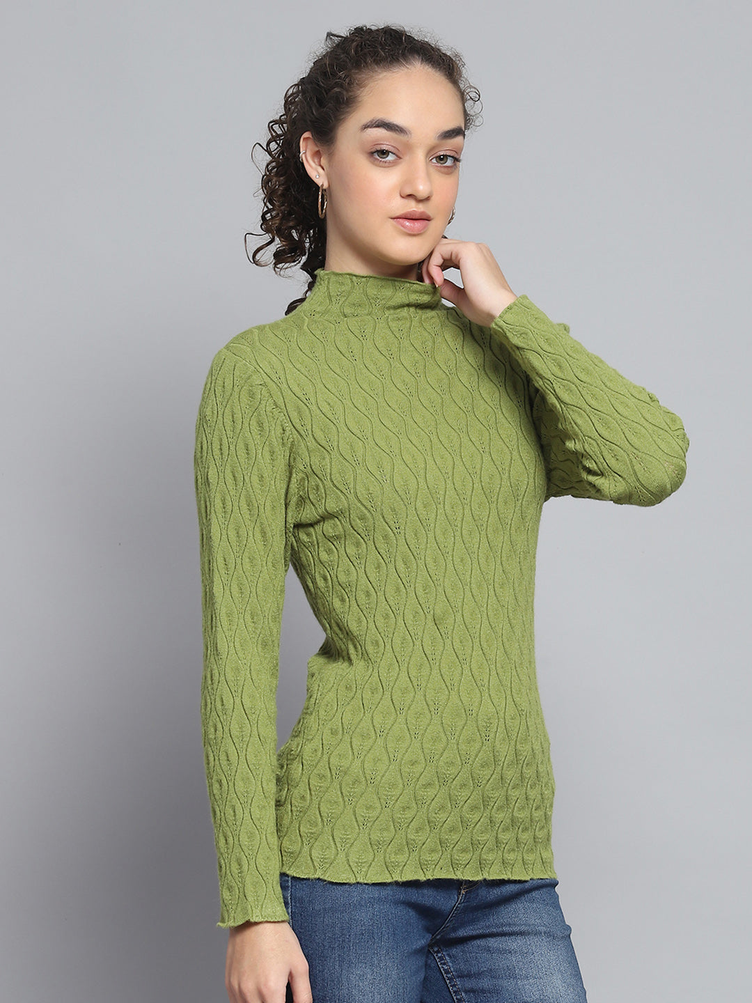 Women Green Self Design High Neck Full Sleeve Sceavy