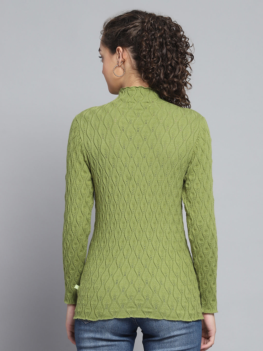 Women Green Self Design High Neck Full Sleeve Sceavy