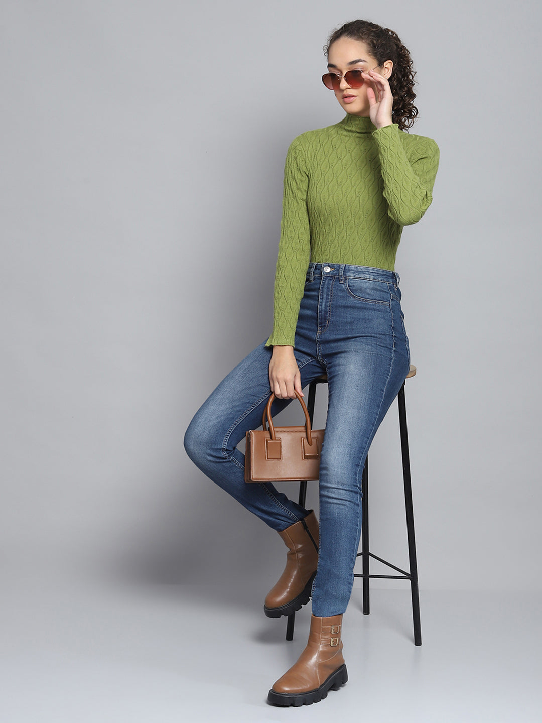 Women Green Self Design High Neck Full Sleeve Sceavy