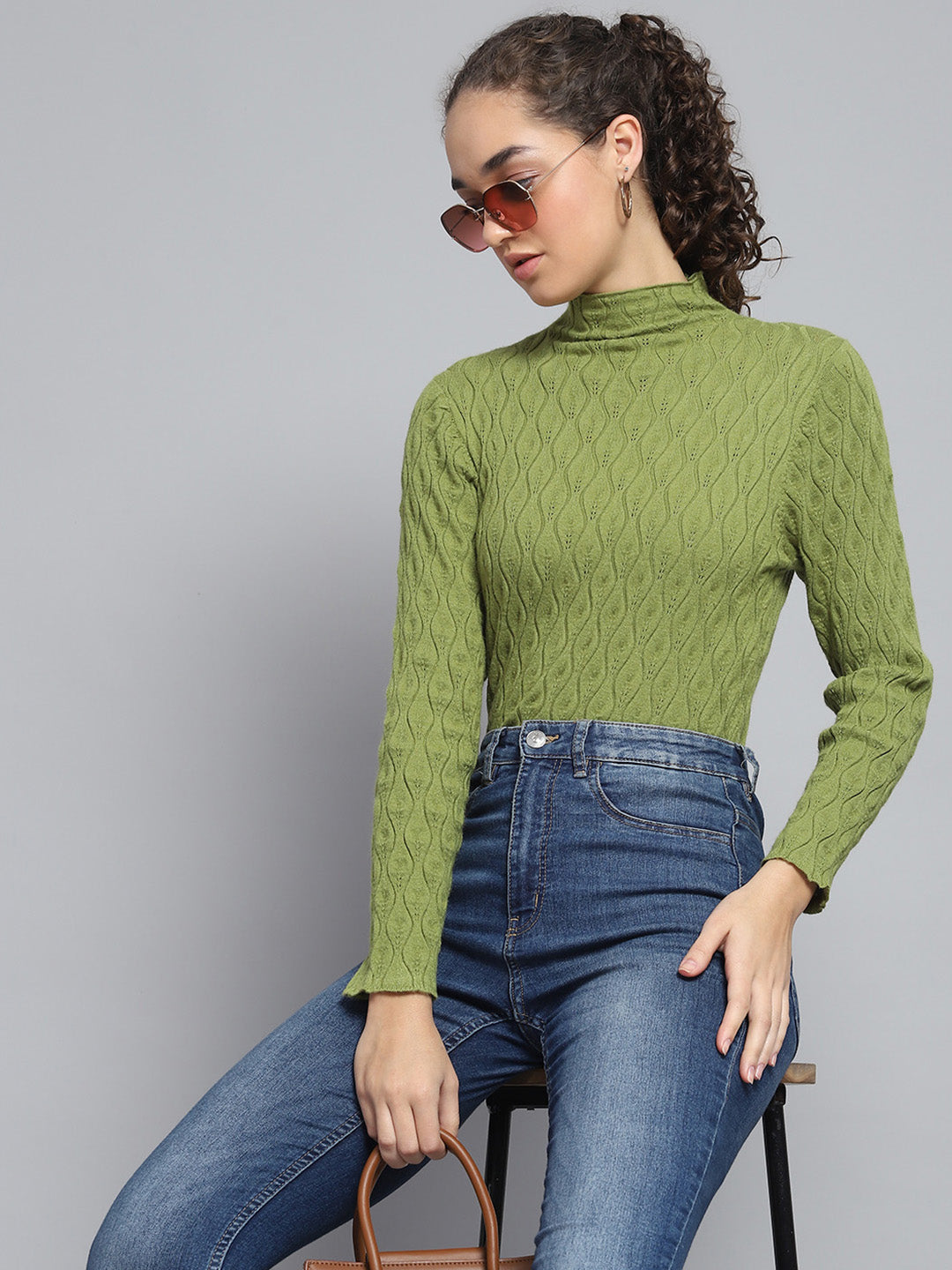 Women Green Self Design High Neck Full Sleeve Sceavy