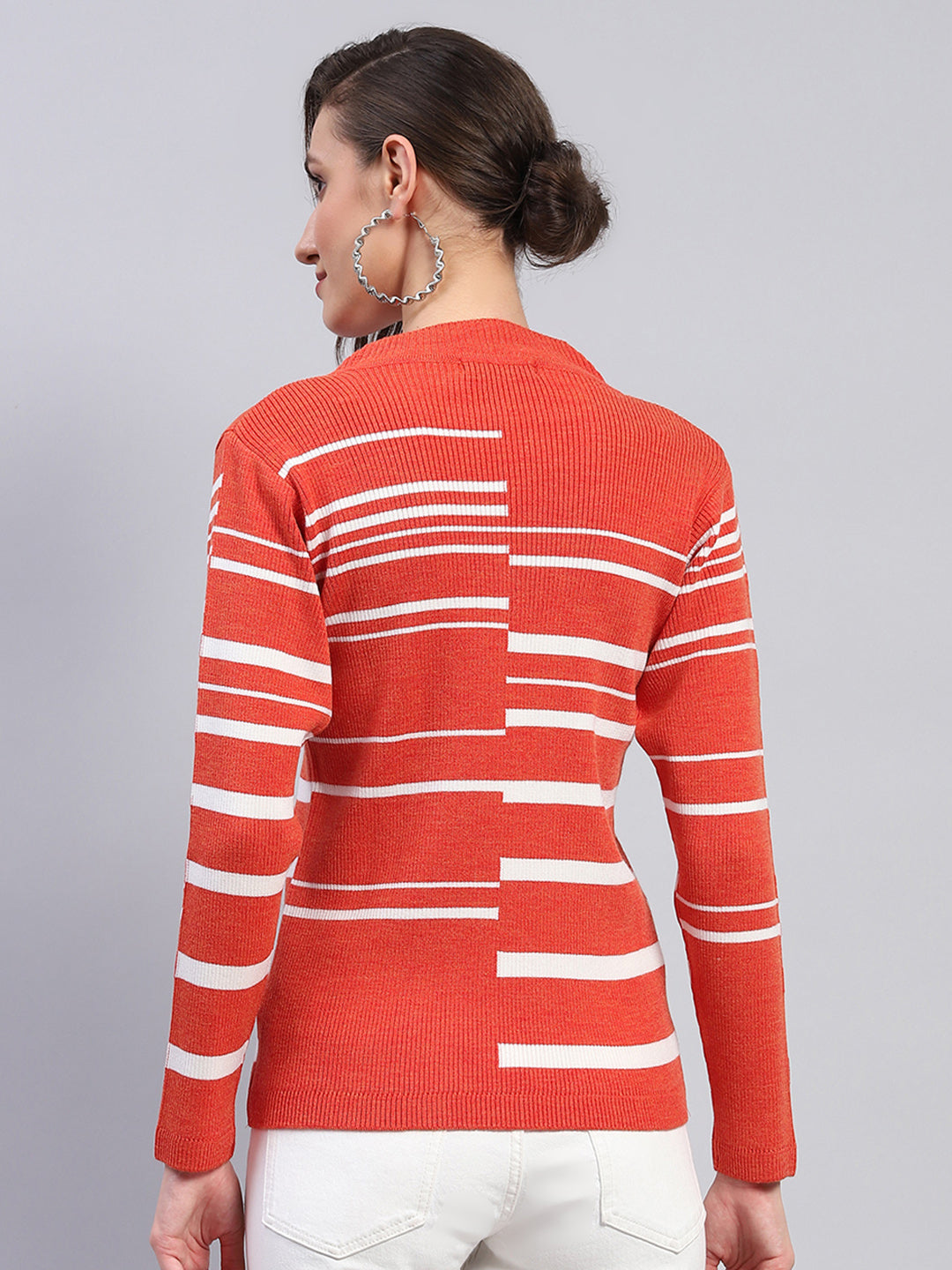 Women Orange Self Design Band Collar Full Sleeve Winter Tops